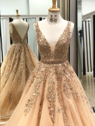 A-line Deep V-neck Appliques and Beading Long Tulle Prom Dresses, PD0568