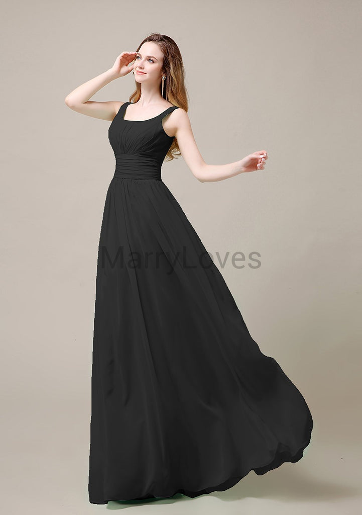 Square Neck Pleats Floor Length Bridesmaid Dresses