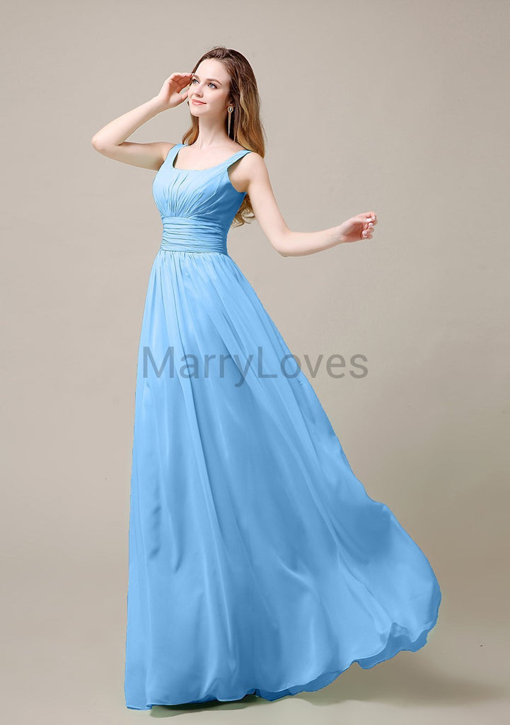 Square Neck Pleats Floor Length Bridesmaid Dresses