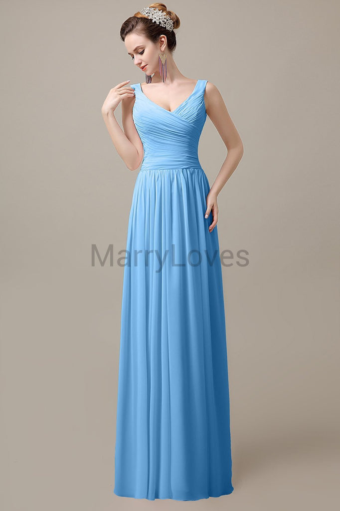 V-Neck Straps Pleats Bridesmaid Dresses