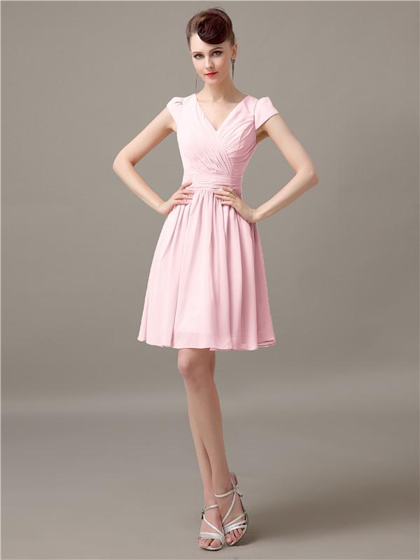 V-Neck Cap Sleeves Chiffon Bridesmaid Dresses