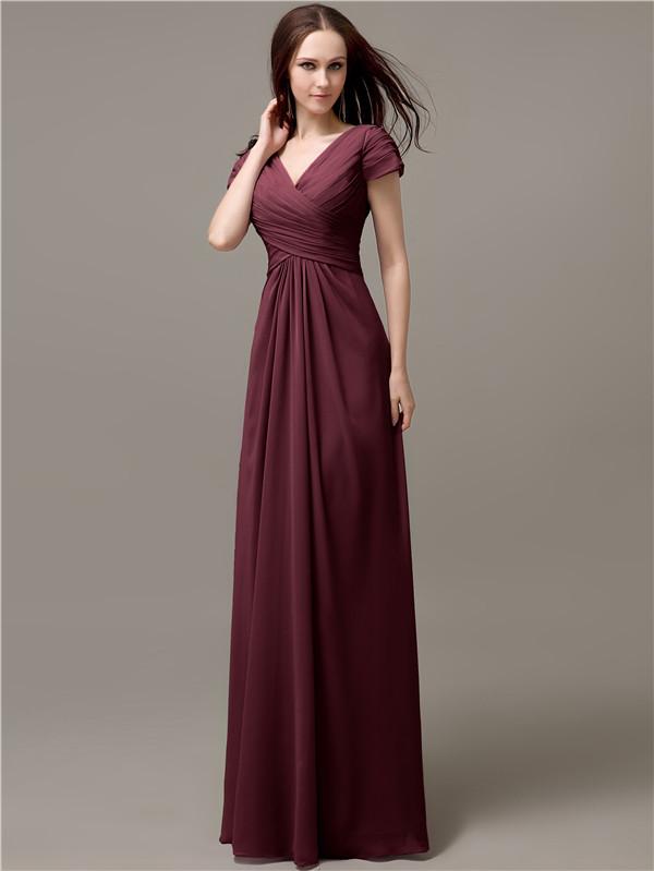 A-line V-neck Short Sleeves Pleats Bridesmaid Dresses