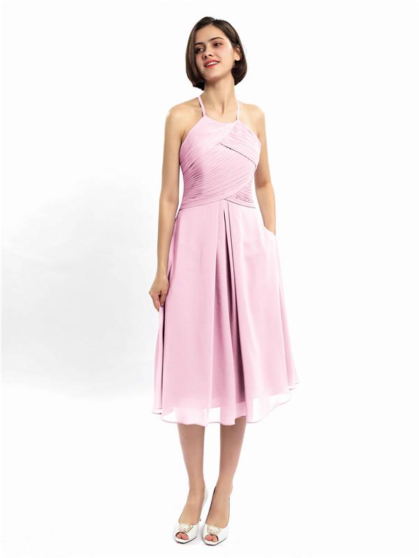 Halter Sleeveless Pleats Bridesmaid Dresses