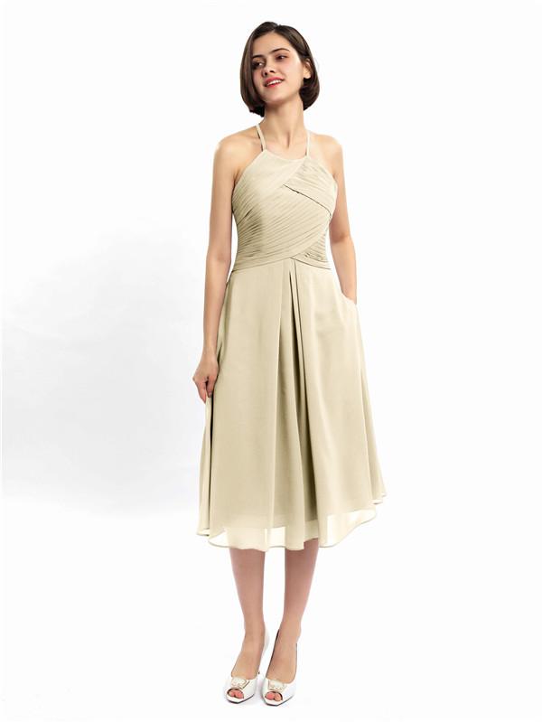 Halter Sleeveless Pleats Bridesmaid Dresses