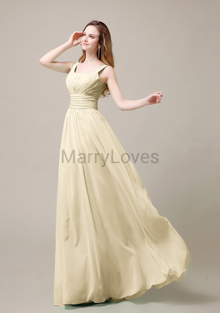 Square Neck Pleats Floor Length Bridesmaid Dresses