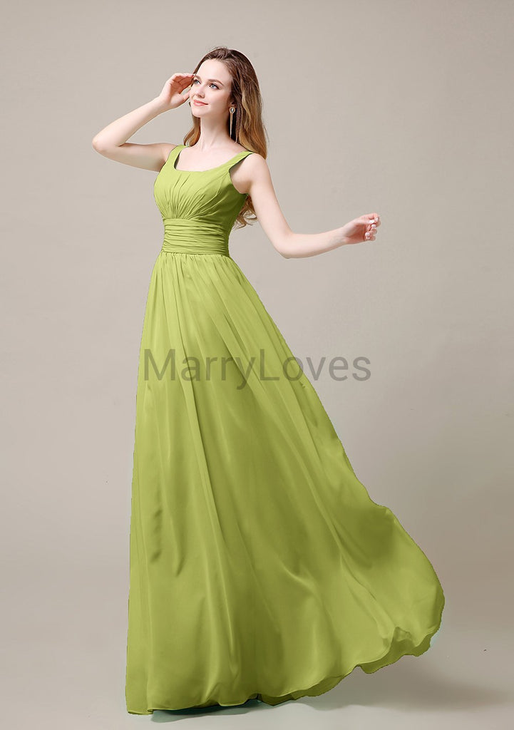 Square Neck Pleats Floor Length Bridesmaid Dresses