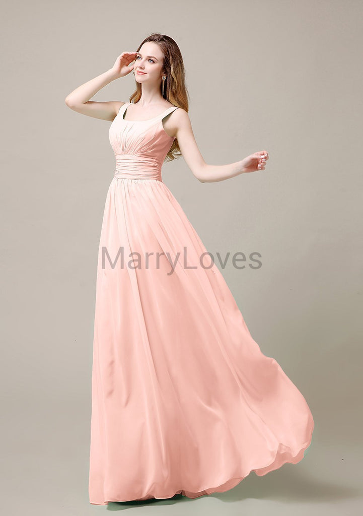 Square Neck Pleats Floor Length Bridesmaid Dresses