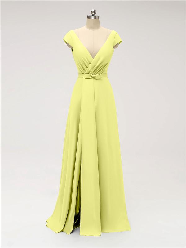 V Neck Cap Sleeve Side Slit Floor Length Bridesmaid Dresses