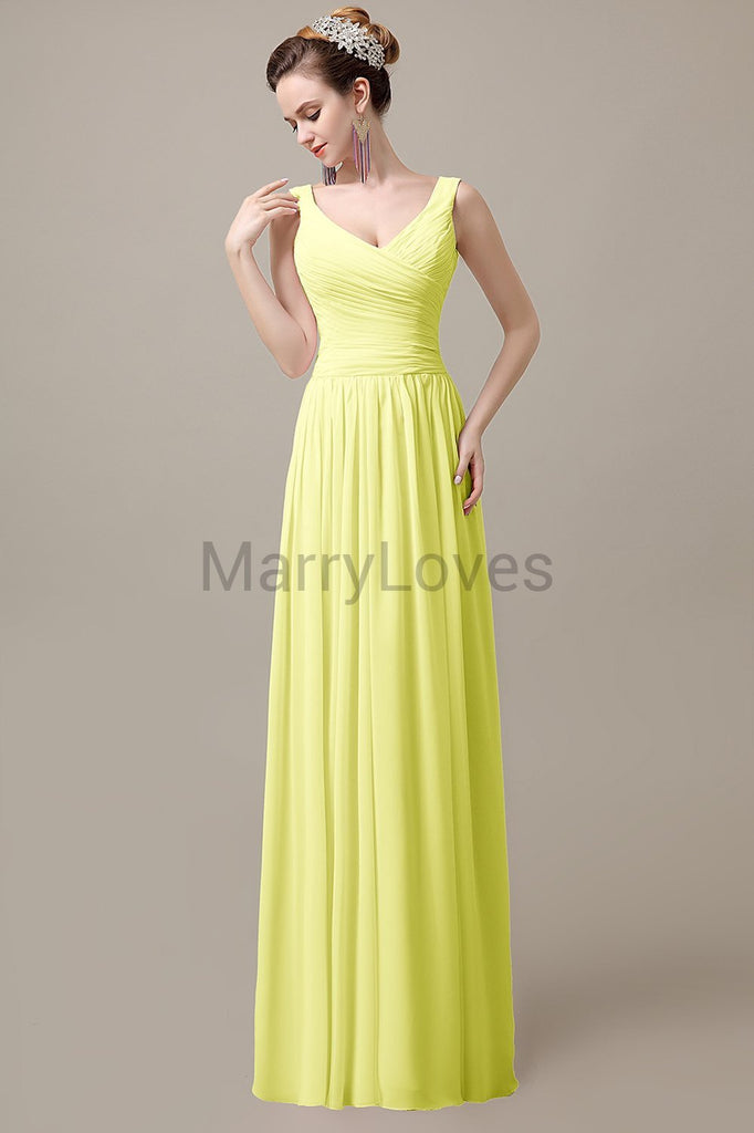 V-Neck Straps Pleats Bridesmaid Dresses