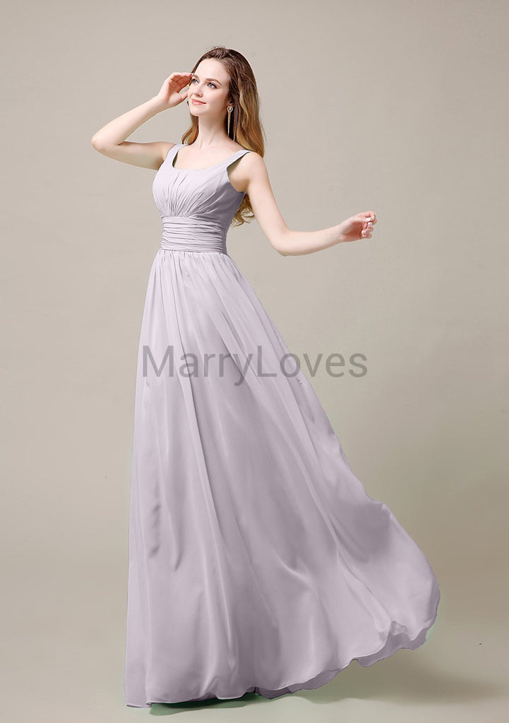 Square Neck Pleats Floor Length Bridesmaid Dresses