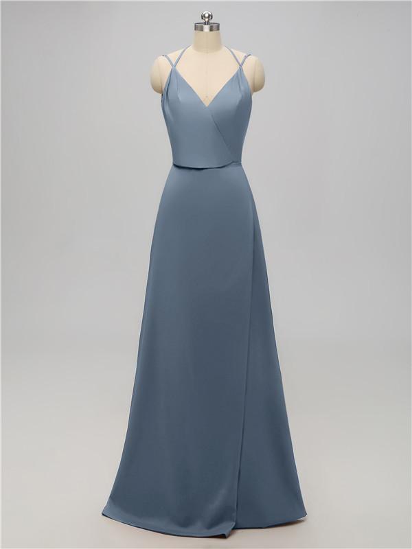 V Neck Satin Floor Length Bridesmaid Dresses