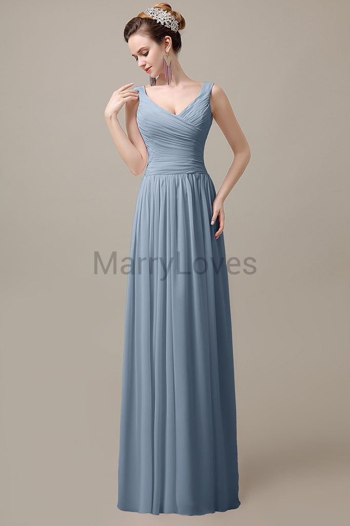 V-Neck Straps Pleats Bridesmaid Dresses