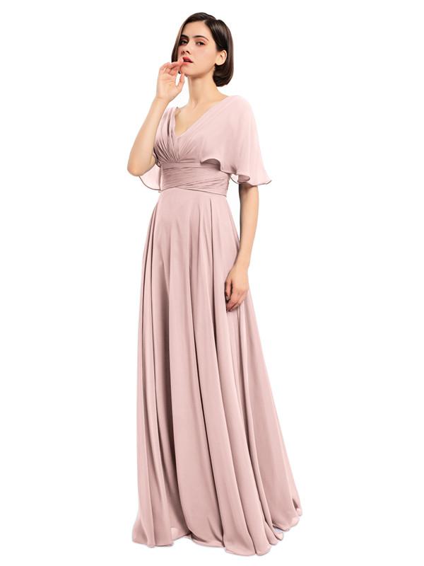 V-neck Short Sleeves Chiffon Bridesmaid Dresses