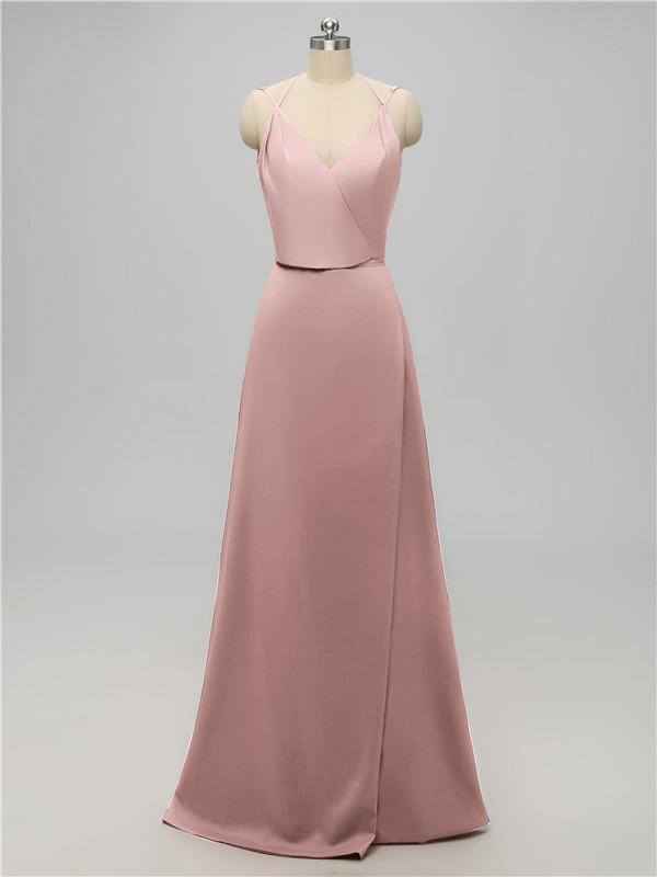 V Neck Satin Floor Length Bridesmaid Dresses