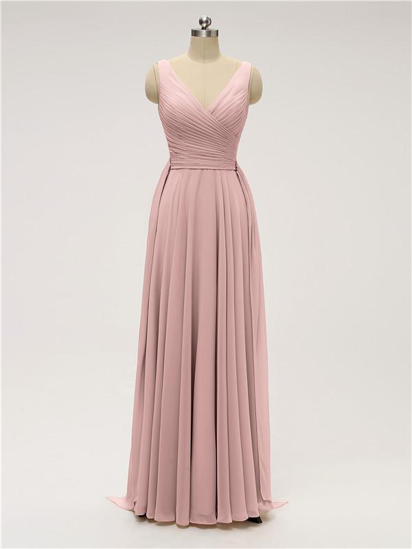 V Neck Chiffon Floor Length Bridesmaid Dresses