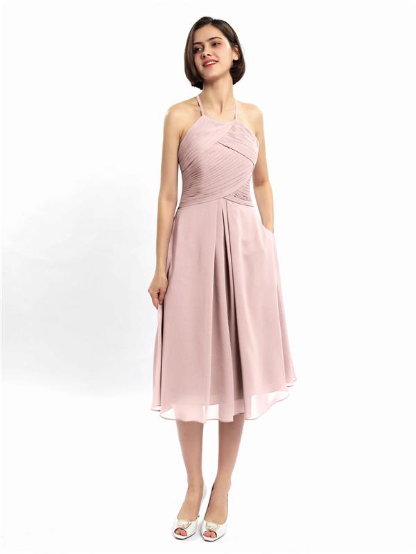 Halter Sleeveless Pleats Bridesmaid Dresses