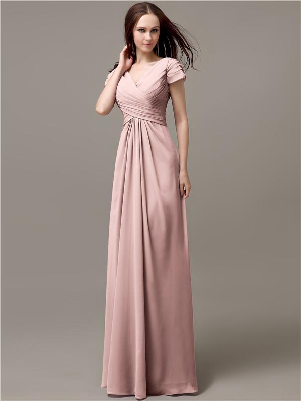 A-line V-neck Short Sleeves Pleats Bridesmaid Dresses