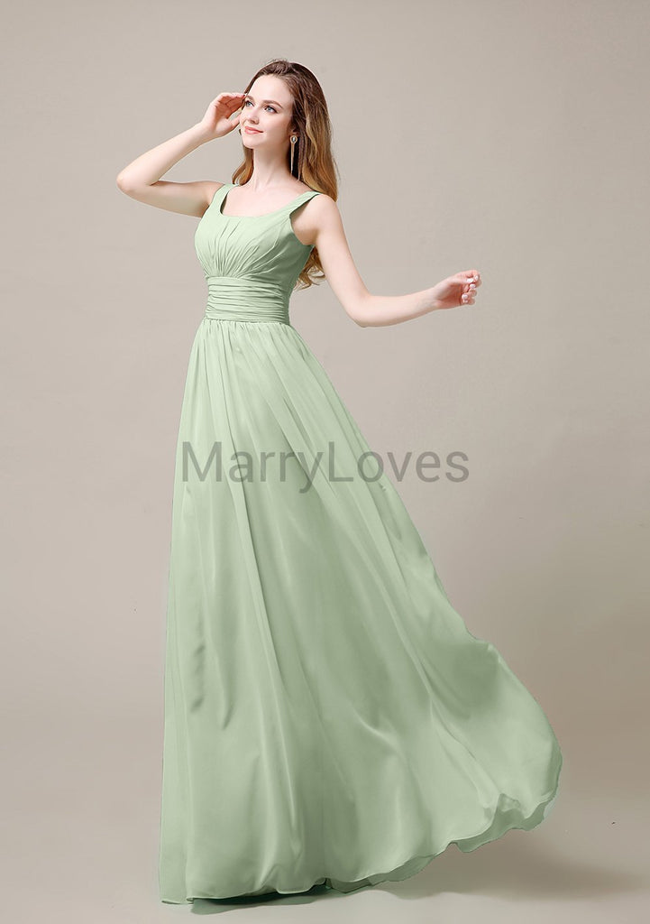 Square Neck Pleats Floor Length Bridesmaid Dresses