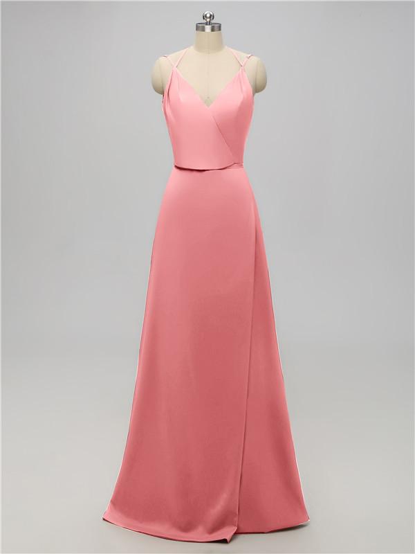 V Neck Satin Floor Length Bridesmaid Dresses