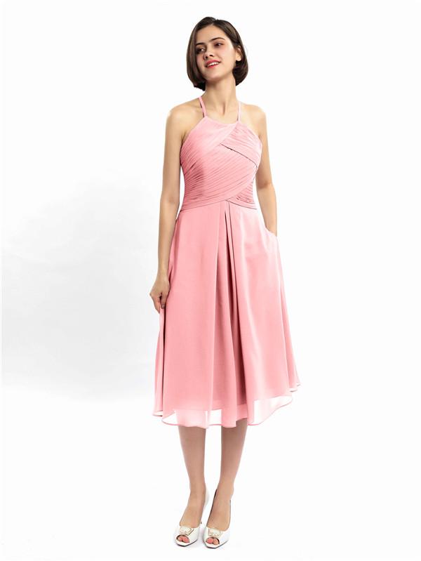 Halter Sleeveless Pleats Bridesmaid Dresses