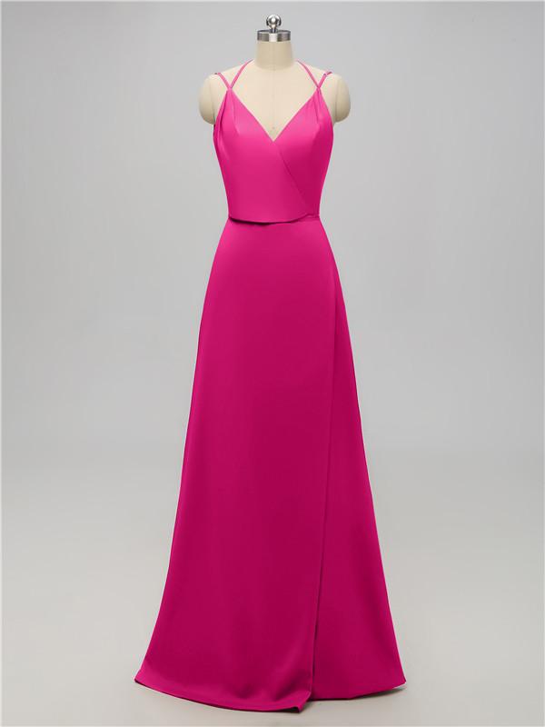 V Neck Satin Floor Length Bridesmaid Dresses