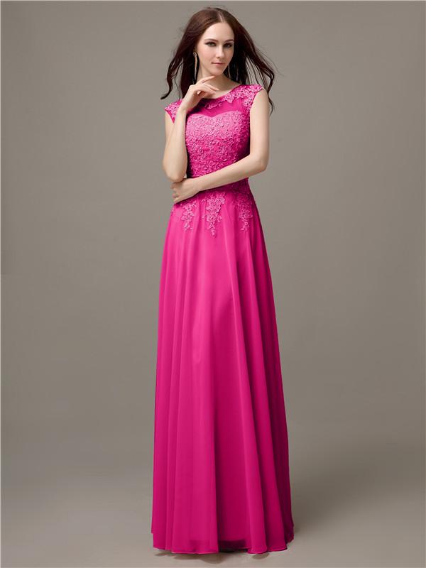 Floor-length Cap Sleeves Appliques Chiffon Bridesmaid Dresses