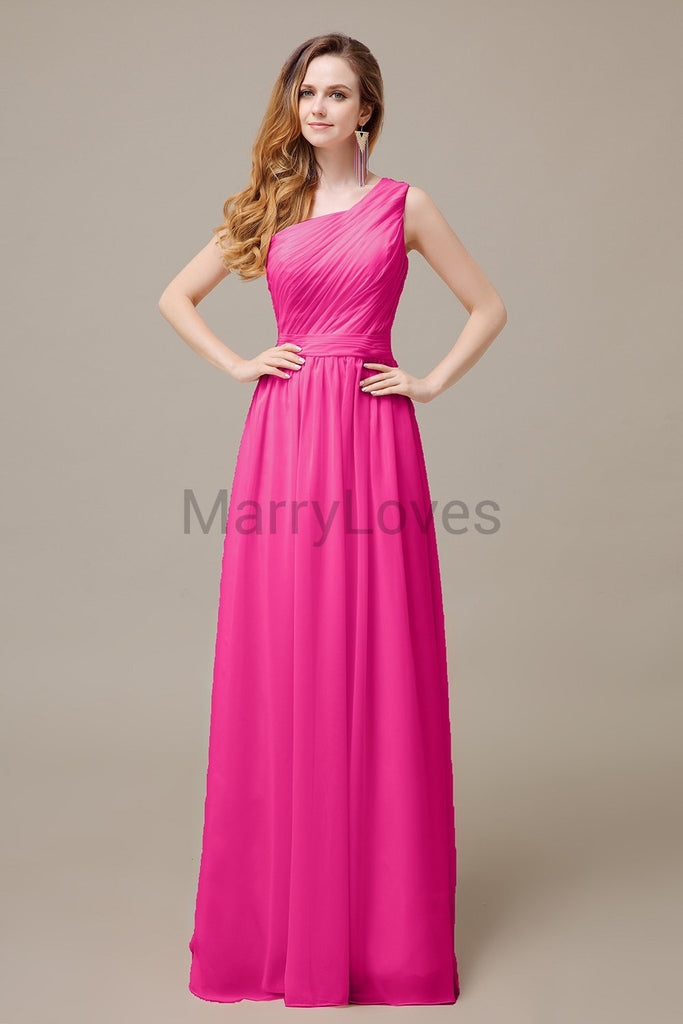 One Shoulder Pleats Floor Length Bridesmaid Dresses