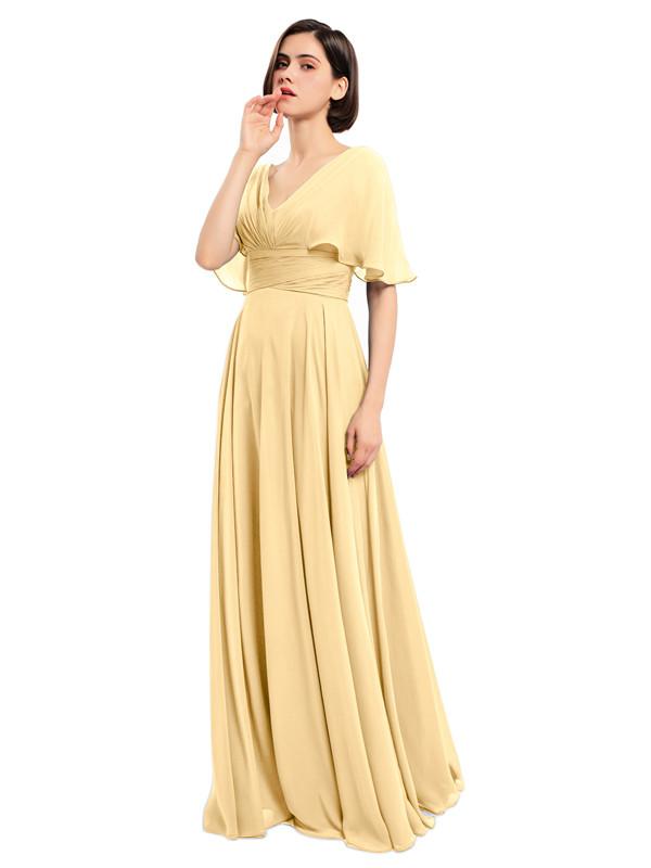 V-neck Short Sleeves Chiffon Bridesmaid Dresses