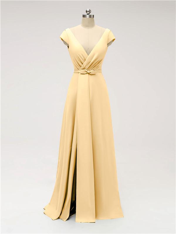 V Neck Cap Sleeve Side Slit Floor Length Bridesmaid Dresses