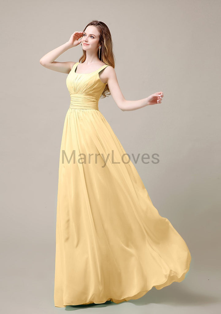 Square Neck Pleats Floor Length Bridesmaid Dresses