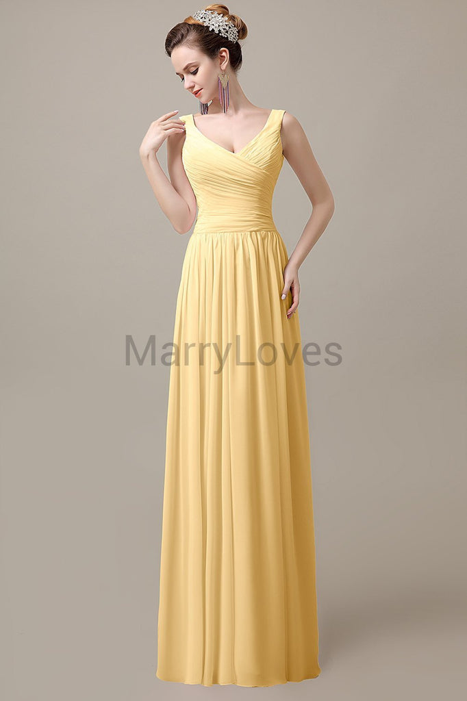 V-Neck Straps Pleats Bridesmaid Dresses