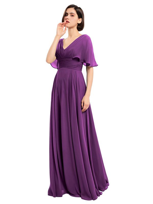 V-neck Short Sleeves Chiffon Bridesmaid Dresses