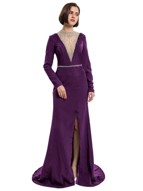 Sheath High-neck Long Sleeves Split Prom Dresses