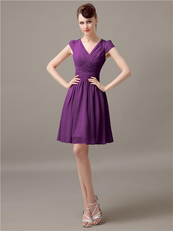 V-Neck Cap Sleeves Chiffon Bridesmaid Dresses