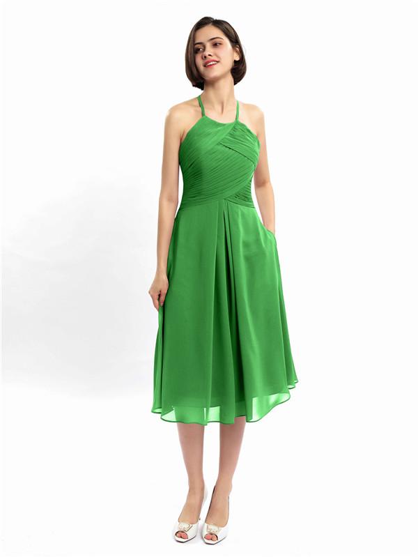 Halter Sleeveless Pleats Bridesmaid Dresses