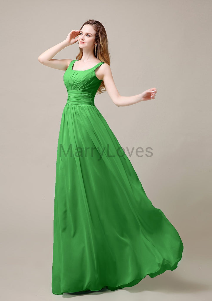 Square Neck Pleats Floor Length Bridesmaid Dresses