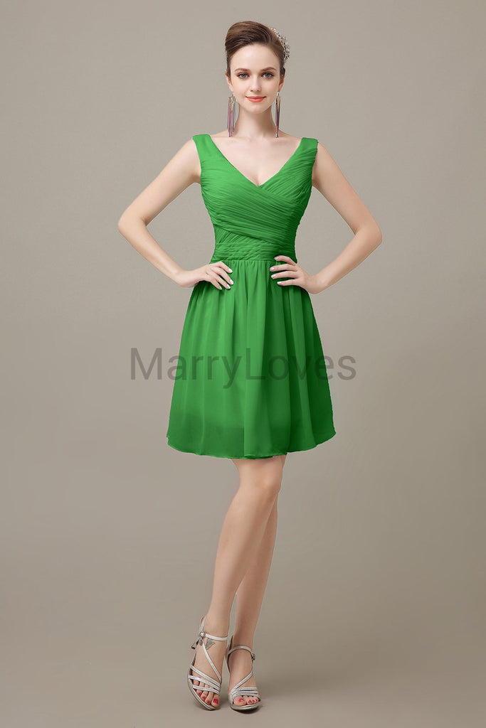 V-neck Chiffon Short Pleats Bridesmaid Dresses