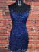 Spaghetti Straps Backless Navy Blue Sequins Short Homecoming Dresses, HM1002