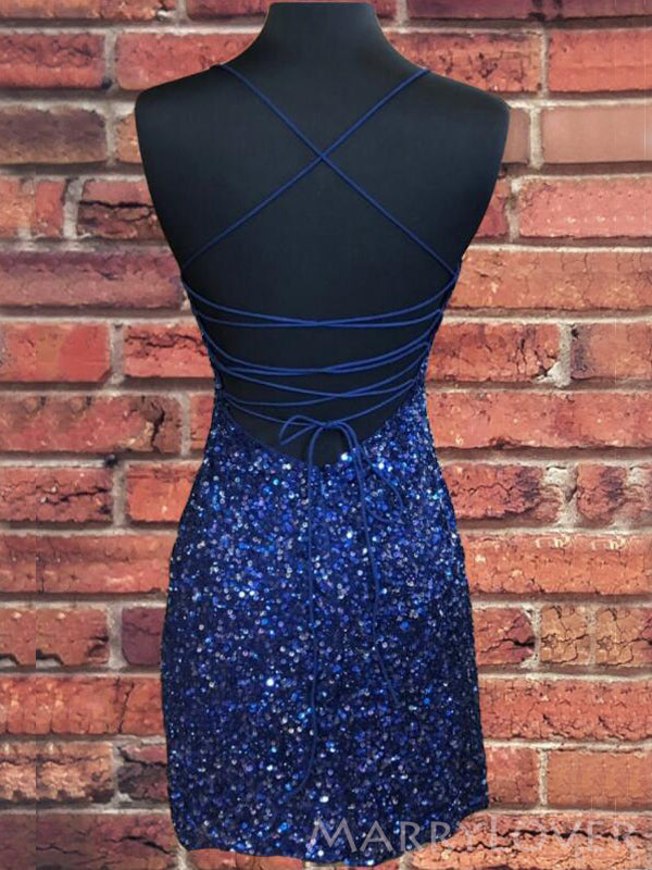 Spaghetti Straps Backless Navy Blue Sequins Short Homecoming Dresses, HM1002