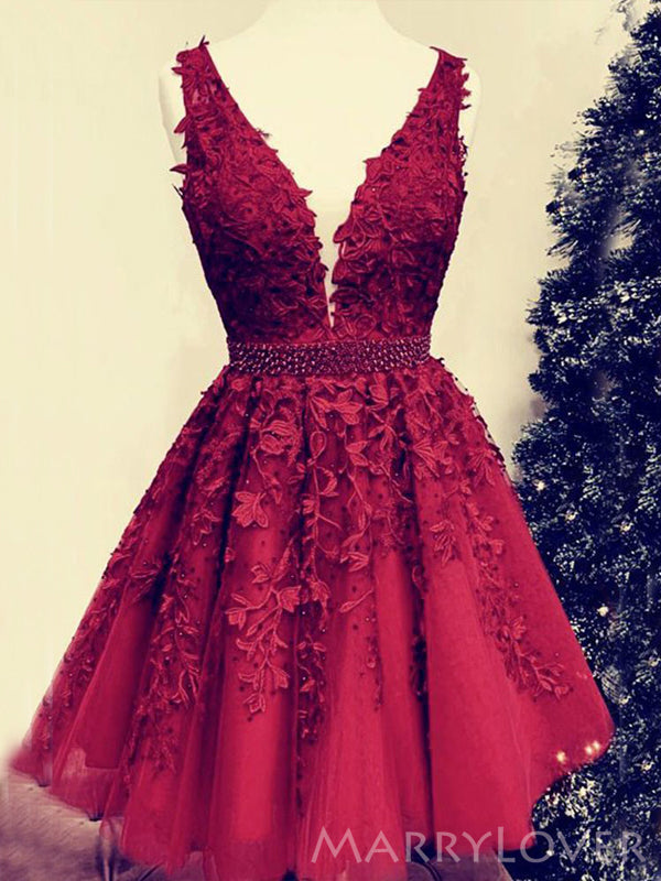 A-line Red Tulle V-neck Appliques Short Homecoming Dresses, HM1003