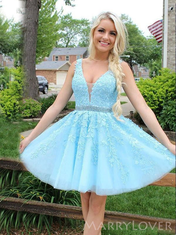 A-line Sky Blue Tulle Appliques V-neck Short Homecoming Dresses, HM1004