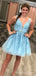 A-line Sky Blue Tulle Appliques V-neck Short Homecoming Dresses, HM1004