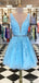 A-line Sky Blue Tulle Appliques V-neck Short Homecoming Dresses, HM1004