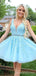 A-line Sky Blue Tulle Appliques V-neck Short Homecoming Dresses, HM1004