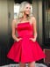 A-line Red Satin Strapless Short Homecoming Dresses, HM1005