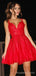 A-line Red Tulle Appliques Spaghetti Straps Short V-neck Homecoming Dresses, HM1006