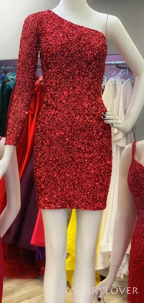 One Shoulder Long Sleeves Red Sequins Short Homecoming Dresses, HM1013