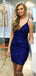 Royal Blue Sequins Spaghetti Straps V-neck Short Homecoming Dresses, HM1018