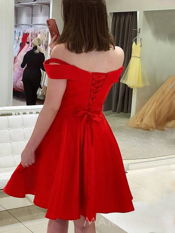 Red Satin A-line Off Shoulder Sweet Heart Short Homecoming Dresses, HM1021