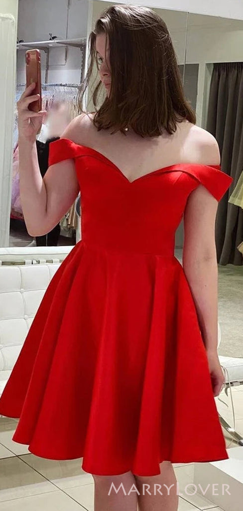 Red Satin A-line Off Shoulder Sweet Heart Short Homecoming Dresses, HM1021